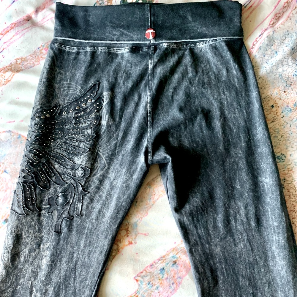 T Party fold over bootcut/ flare yoga pants, grey, embellishments and rhinestone